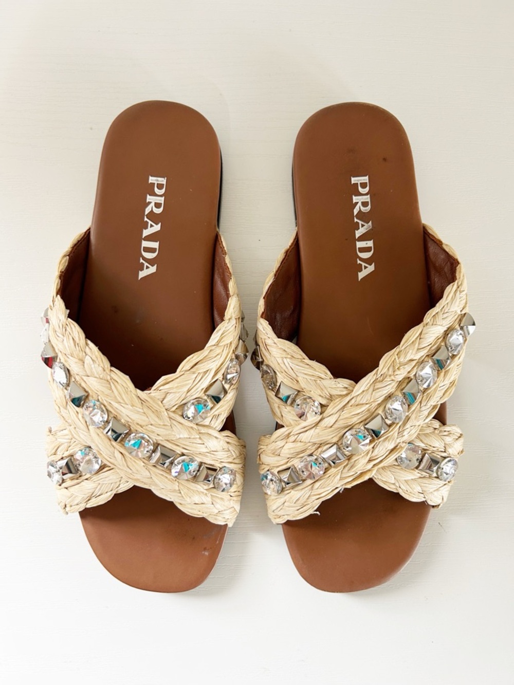 Prada Raffia Jeweled Embellished Slide Sandals Criss Cross Size EU 37.5